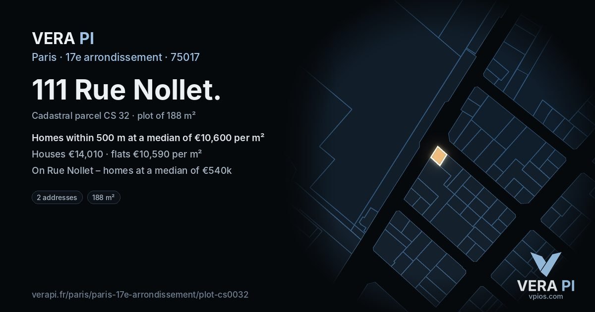 111 Rue Nollet, 17e arrondissement at night – the plot lit, the parcels around coloured by the prices near them