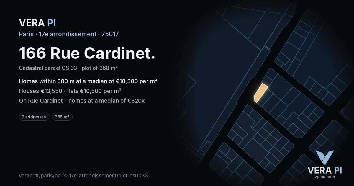 166 Rue Cardinet, 17e arrondissement at night – the plot lit, the parcels around coloured by the prices near them