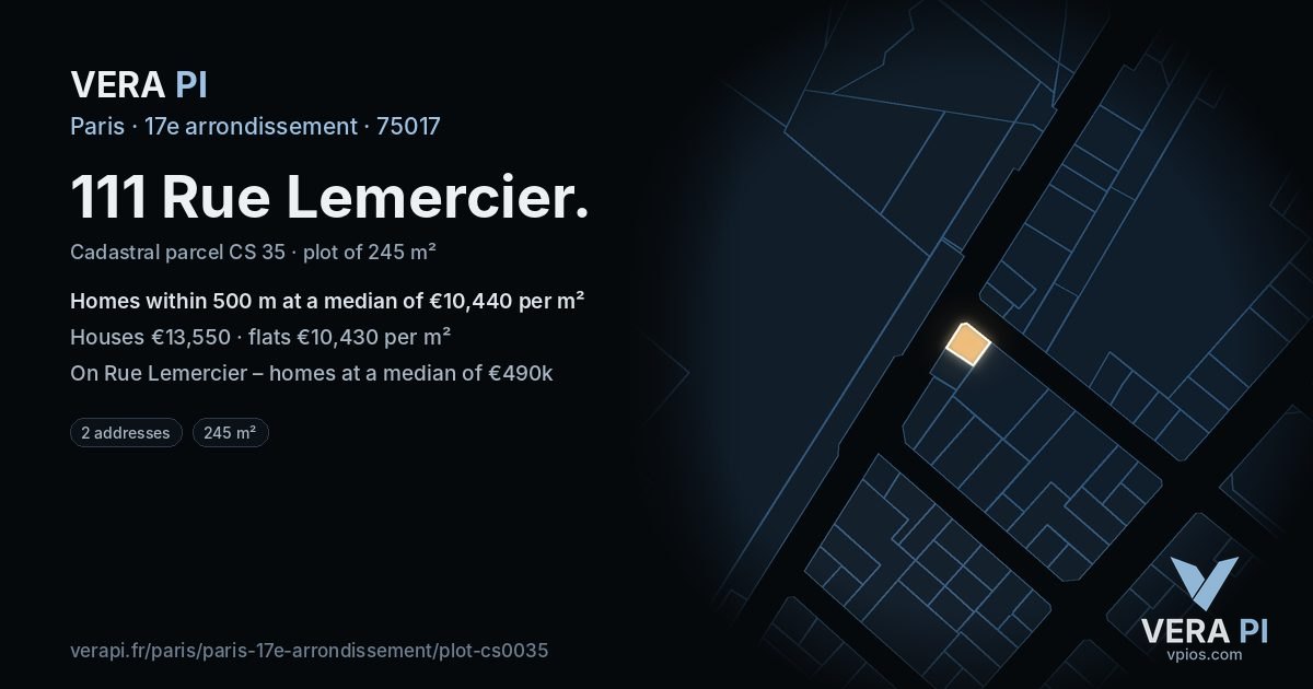 111 Rue Lemercier, 17e arrondissement at night – the plot lit, the parcels around coloured by the prices near them