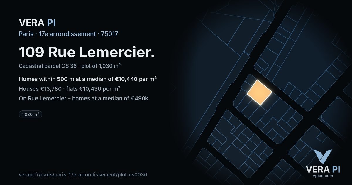 109 Rue Lemercier, 17e arrondissement at night – the plot lit, the parcels around coloured by the prices near them