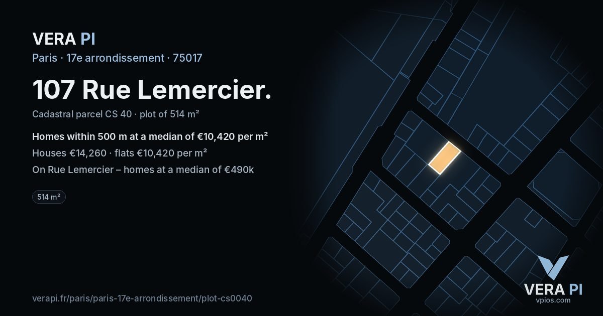 107 Rue Lemercier, 17e arrondissement at night – the plot lit, the parcels around coloured by the prices near them