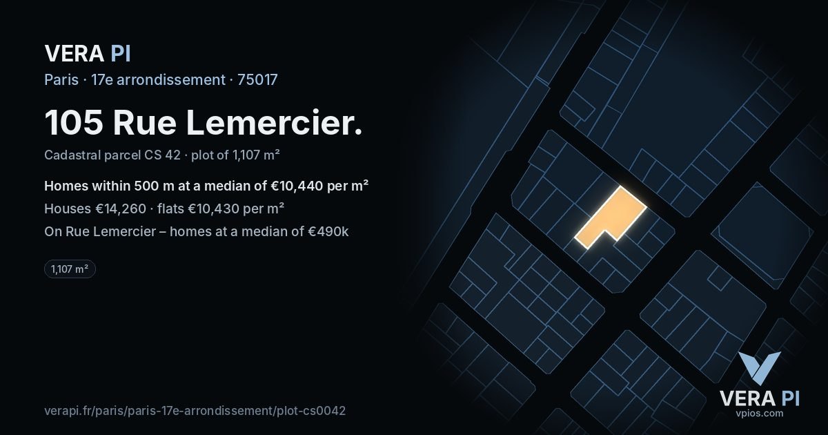105 Rue Lemercier, 17e arrondissement at night – the plot lit, the parcels around coloured by the prices near them