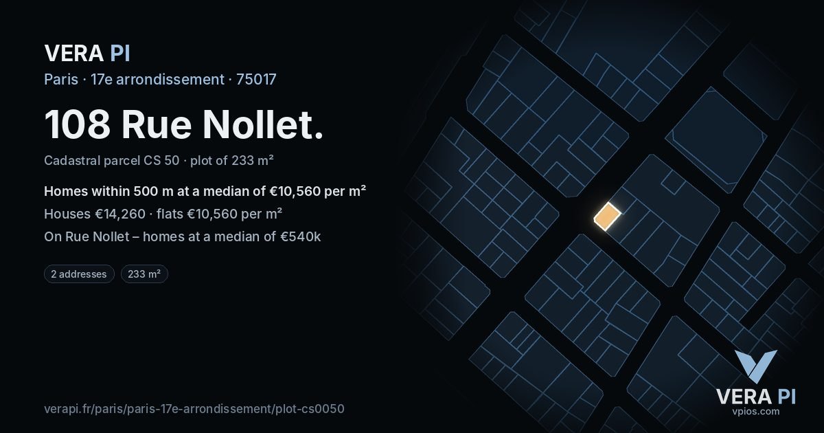 108 Rue Nollet, 17e arrondissement at night – the plot lit, the parcels around coloured by the prices near them