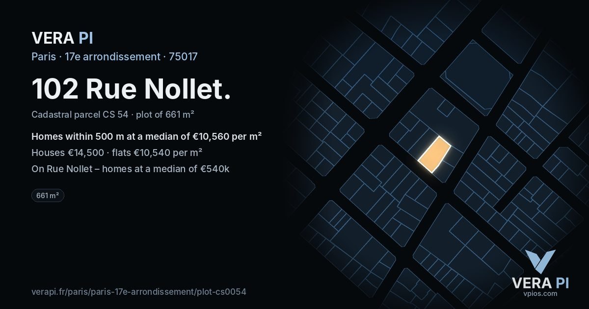 102 Rue Nollet, 17e arrondissement at night – the plot lit, the parcels around coloured by the prices near them