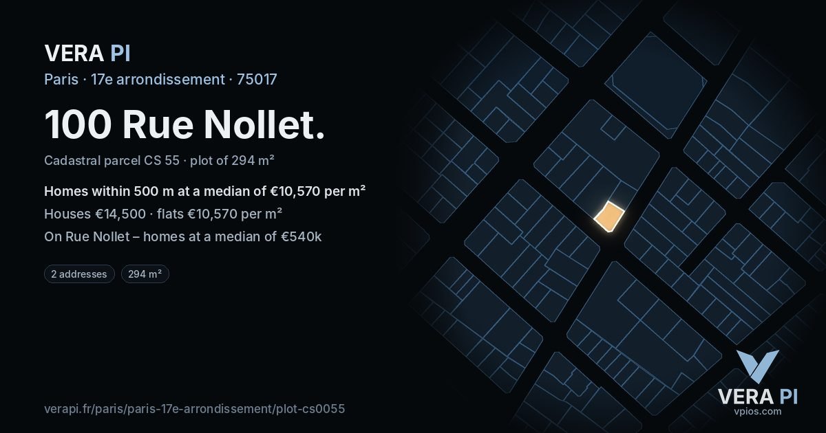 100 Rue Nollet, 17e arrondissement at night – the plot lit, the parcels around coloured by the prices near them