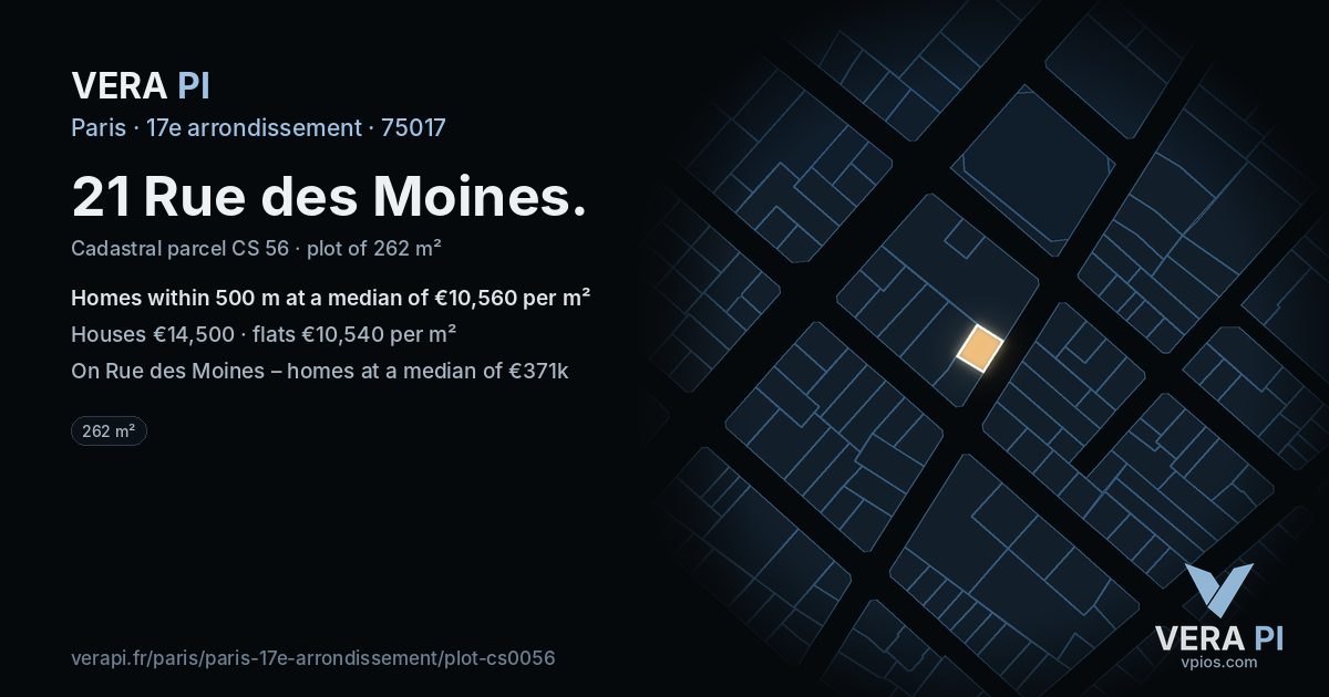 21 Rue des Moines, 17e arrondissement at night – the plot lit, the parcels around coloured by the prices near them