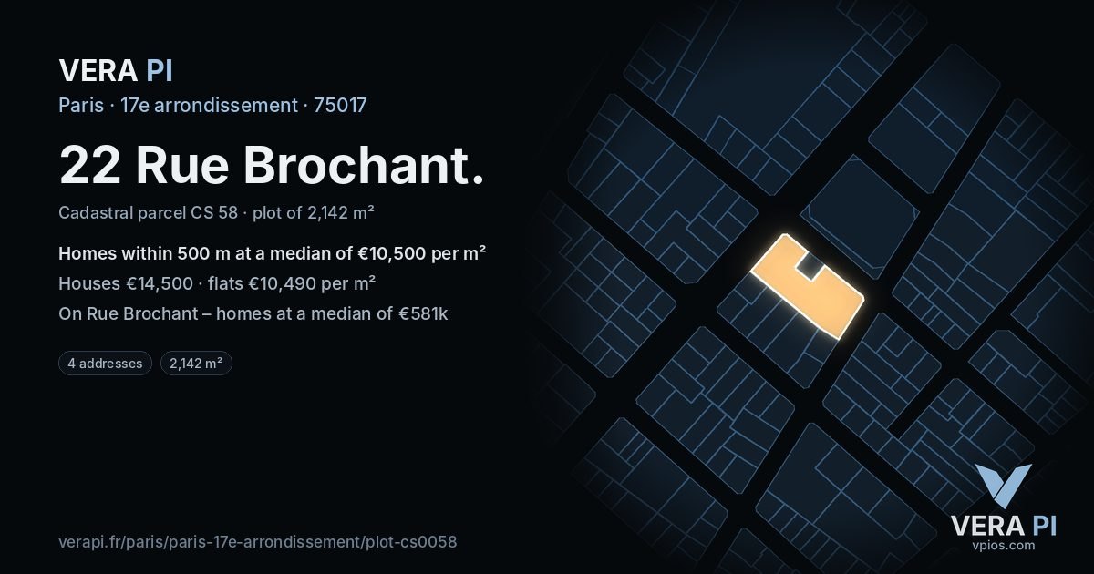 22 Rue Brochant, 17e arrondissement at night – the plot lit, the parcels around coloured by the prices near them