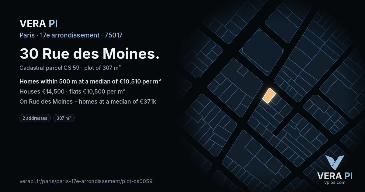 30 Rue des Moines, 17e arrondissement at night – the plot lit, the parcels around coloured by the prices near them