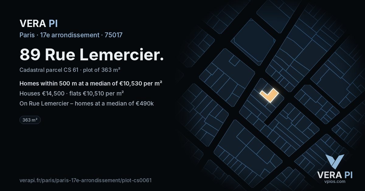 89 Rue Lemercier, 17e arrondissement at night – the plot lit, the parcels around coloured by the prices near them