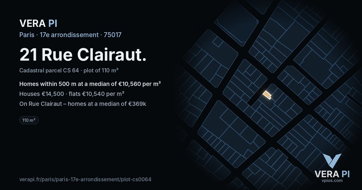 21 Rue Clairaut, 17e arrondissement at night – the plot lit, the parcels around coloured by the prices near them