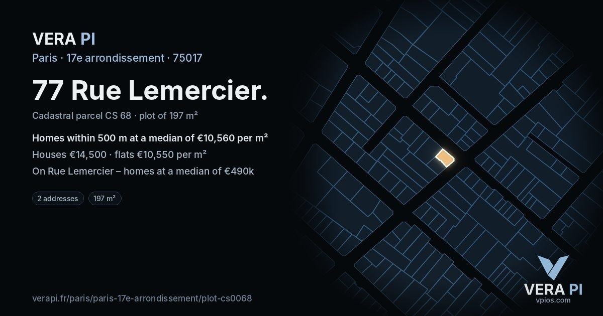 77 Rue Lemercier, 17e arrondissement at night – the plot lit, the parcels around coloured by the prices near them