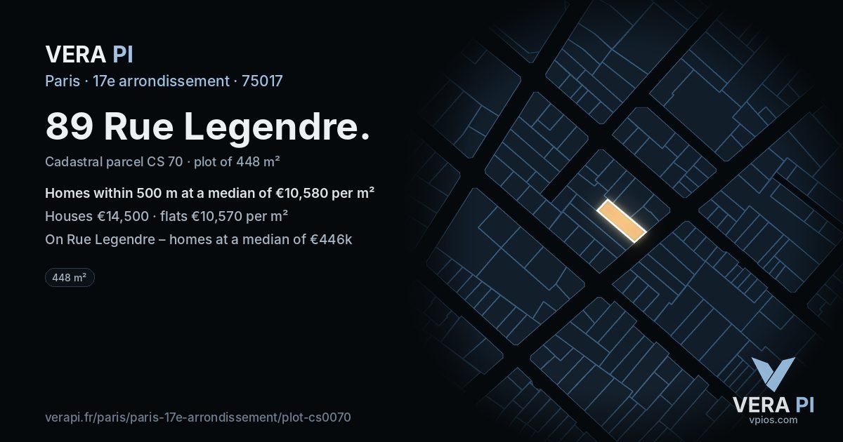 89 Rue Legendre, 17e arrondissement at night – the plot lit, the parcels around coloured by the prices near them