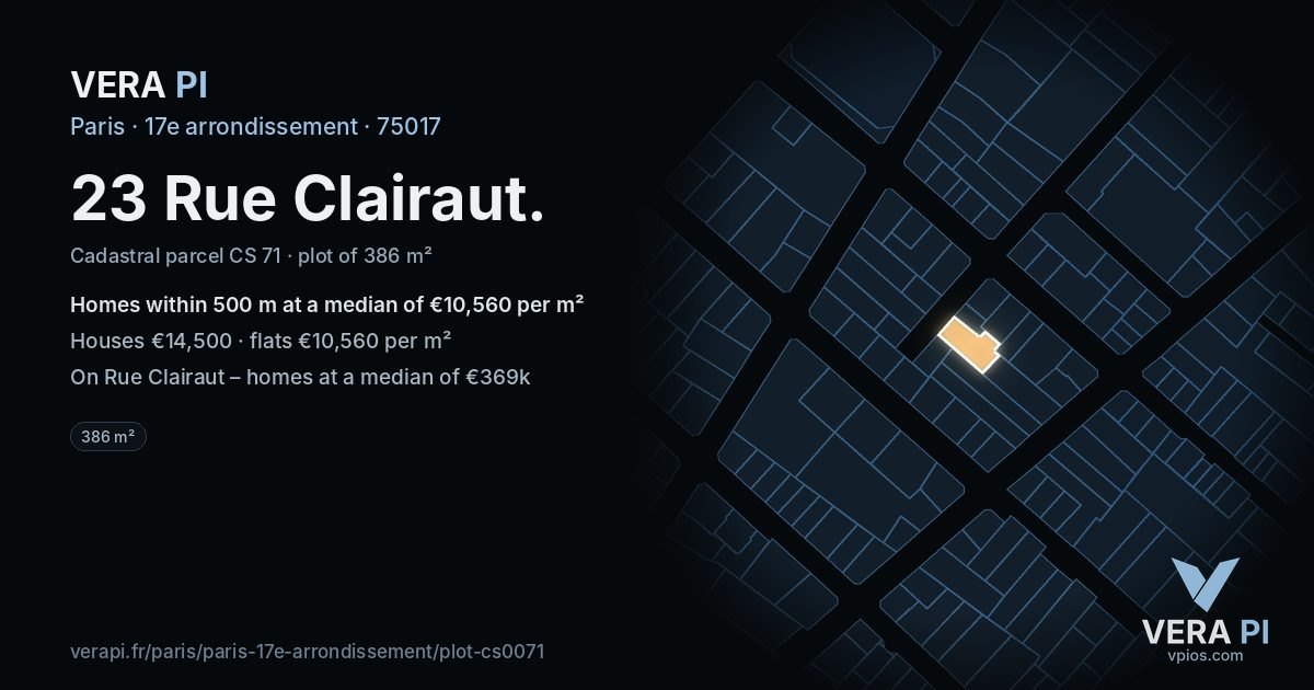 23 Rue Clairaut, 17e arrondissement at night – the plot lit, the parcels around coloured by the prices near them