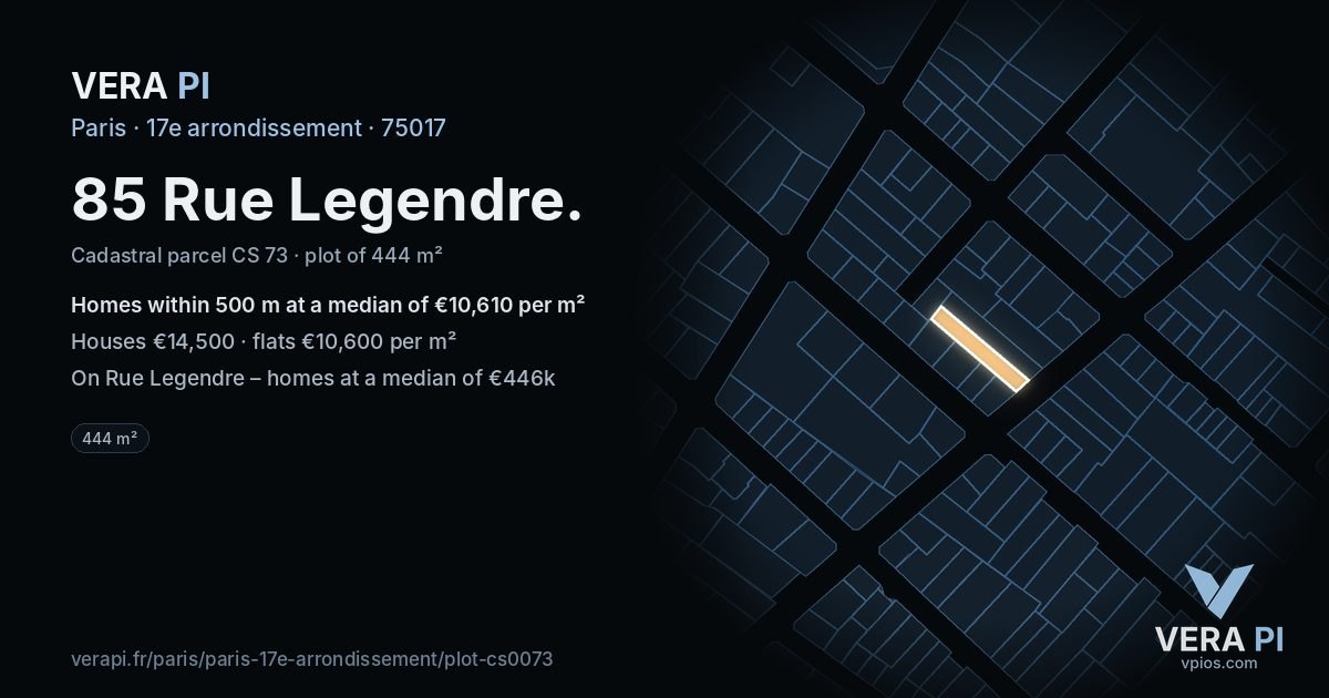 85 Rue Legendre, 17e arrondissement at night – the plot lit, the parcels around coloured by the prices near them