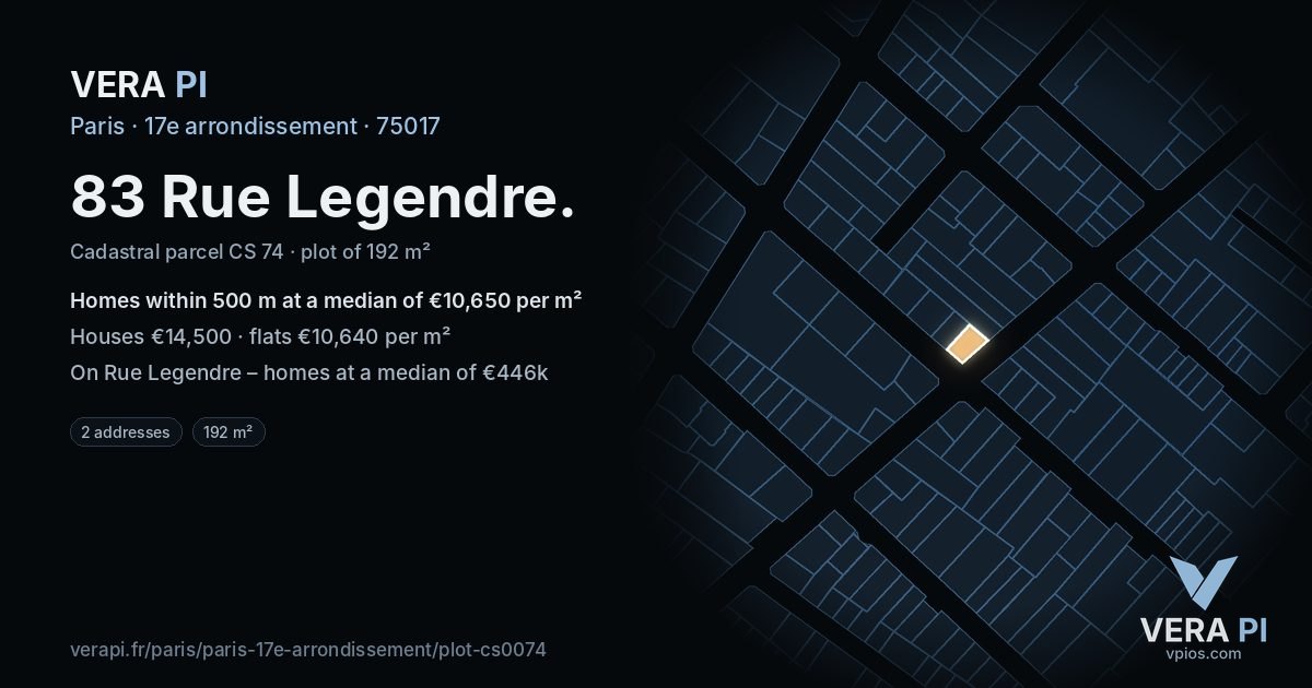 83 Rue Legendre, 17e arrondissement at night – the plot lit, the parcels around coloured by the prices near them