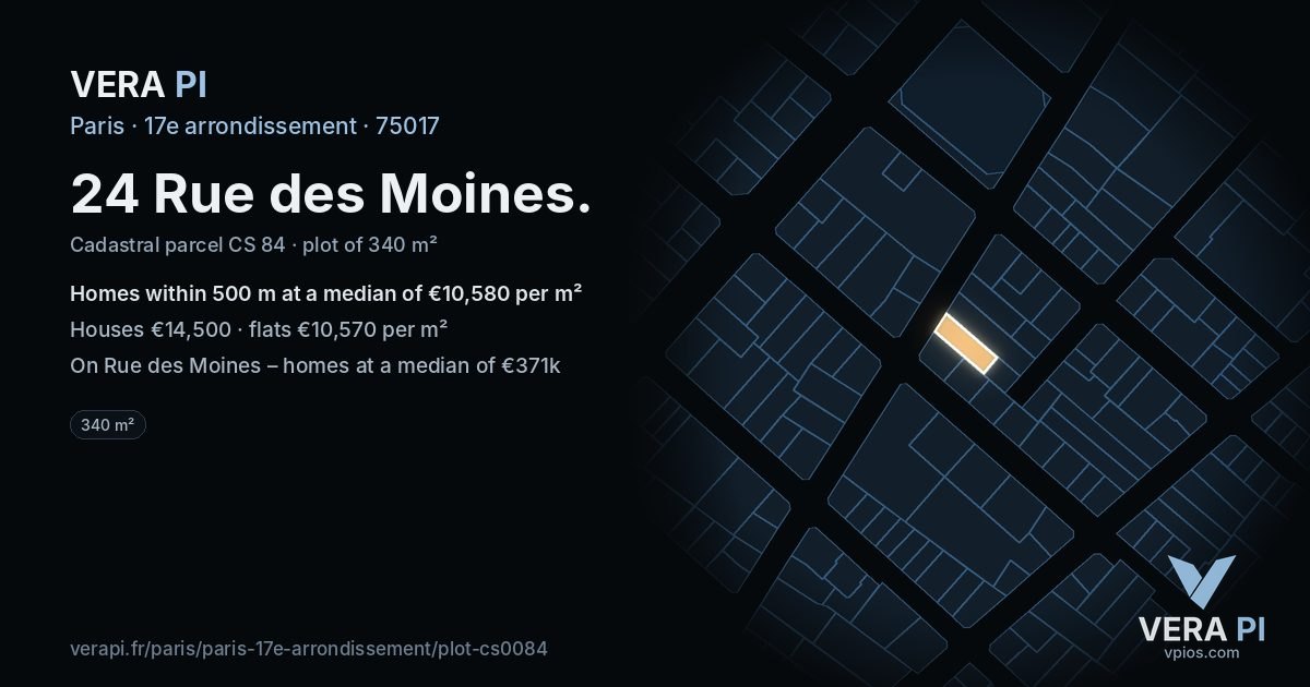24 Rue des Moines, 17e arrondissement at night – the plot lit, the parcels around coloured by the prices near them