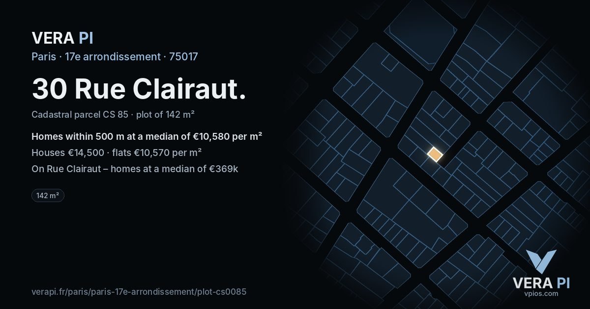 30 Rue Clairaut, 17e arrondissement at night – the plot lit, the parcels around coloured by the prices near them