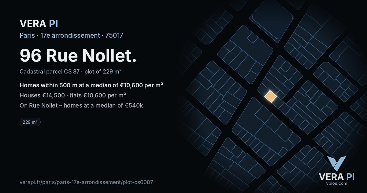 96 Rue Nollet, 17e arrondissement at night – the plot lit, the parcels around coloured by the prices near them