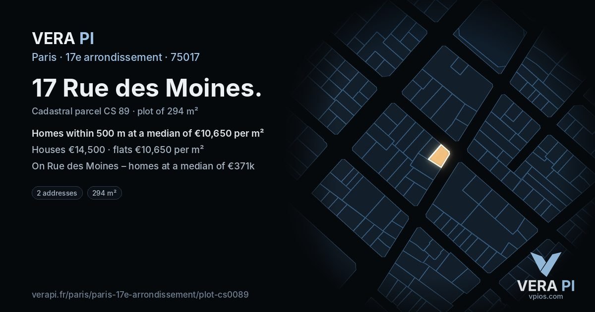 17 Rue des Moines, 17e arrondissement at night – the plot lit, the parcels around coloured by the prices near them