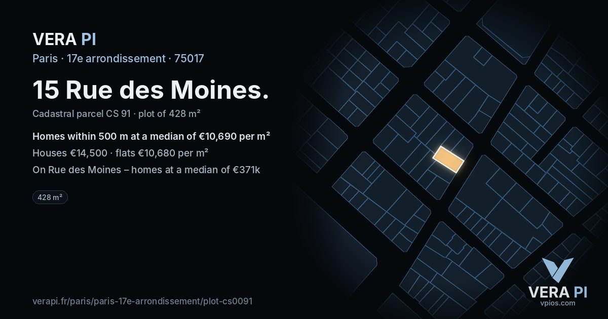 15 Rue des Moines, 17e arrondissement at night – the plot lit, the parcels around coloured by the prices near them