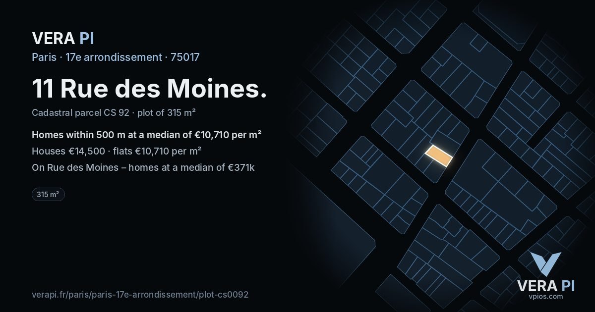 11 Rue des Moines, 17e arrondissement at night – the plot lit, the parcels around coloured by the prices near them