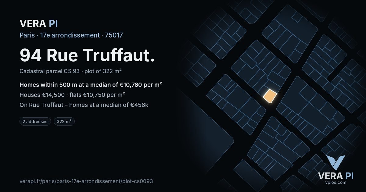 94 Rue Truffaut, 17e arrondissement at night – the plot lit, the parcels around coloured by the prices near them