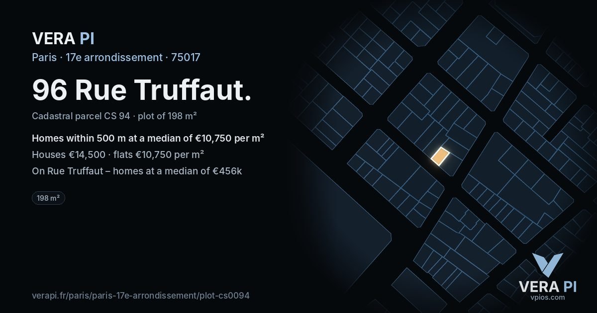 96 Rue Truffaut, 17e arrondissement at night – the plot lit, the parcels around coloured by the prices near them