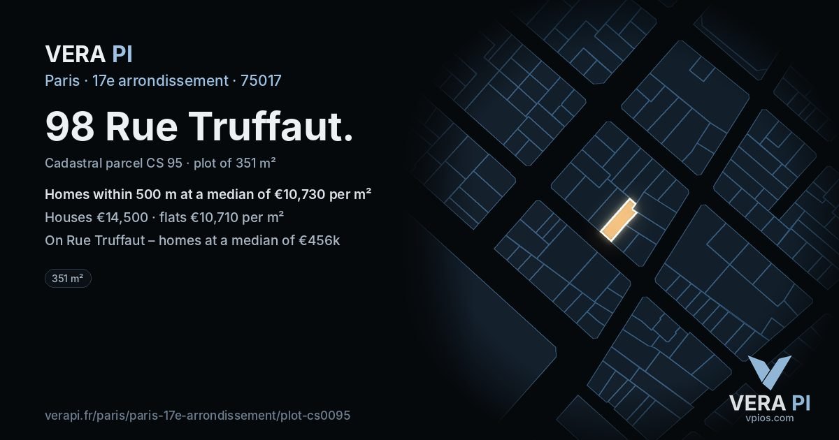 98 Rue Truffaut, 17e arrondissement at night – the plot lit, the parcels around coloured by the prices near them