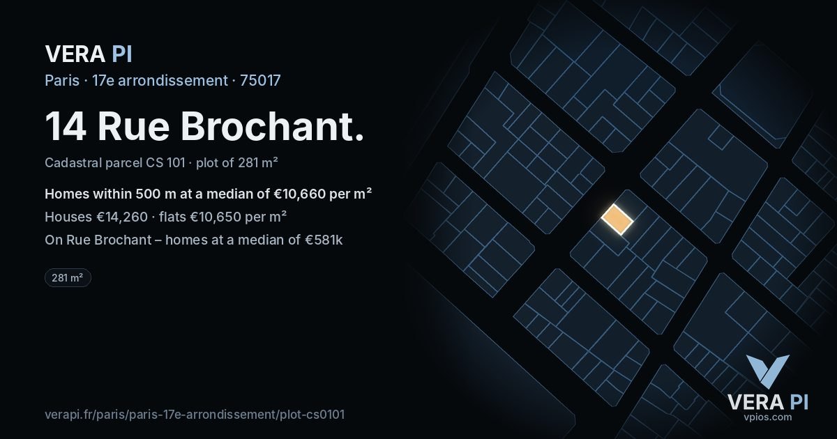 14 Rue Brochant, 17e arrondissement at night – the plot lit, the parcels around coloured by the prices near them