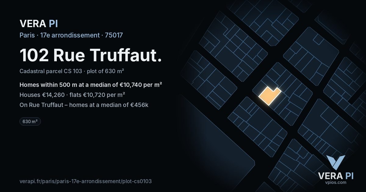 102 Rue Truffaut, 17e arrondissement at night – the plot lit, the parcels around coloured by the prices near them