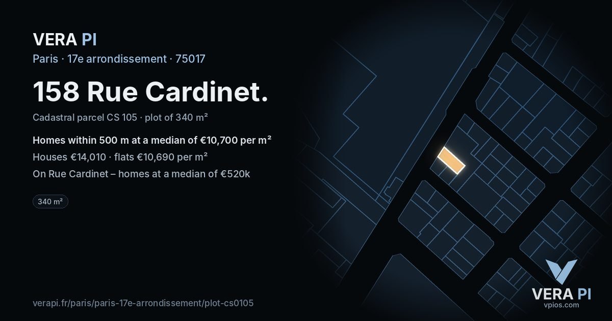 158 Rue Cardinet, 17e arrondissement at night – the plot lit, the parcels around coloured by the prices near them