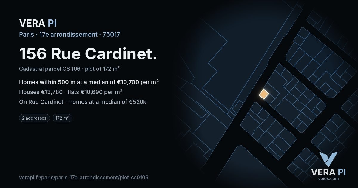 156 Rue Cardinet, 17e arrondissement at night – the plot lit, the parcels around coloured by the prices near them