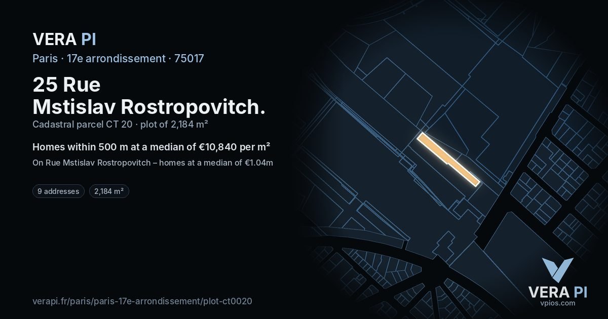 25 Rue Mstislav Rostropovitch, 17e arrondissement at night – the plot lit, the parcels around coloured by the prices near them