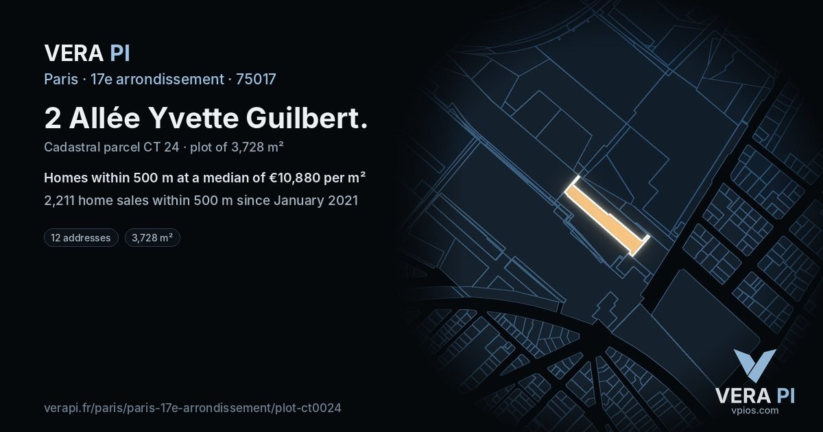 2 Allée Yvette Guilbert, 17e arrondissement at night – the plot lit, the parcels around coloured by the prices near them