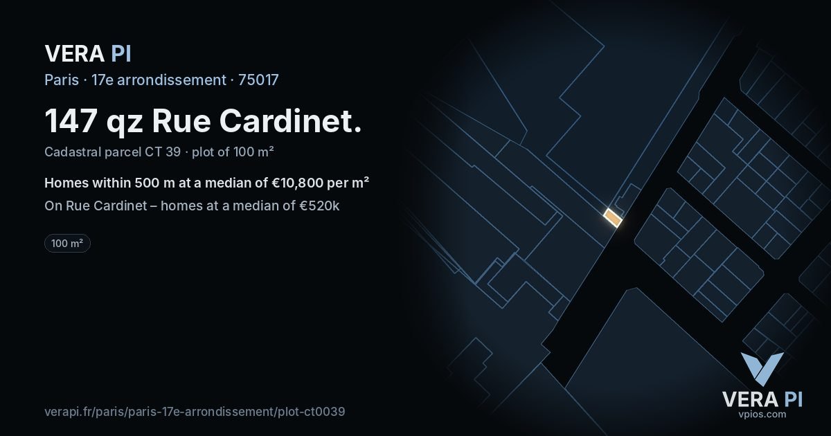 147 qz Rue Cardinet, 17e arrondissement at night – the plot lit, the parcels around coloured by the prices near them
