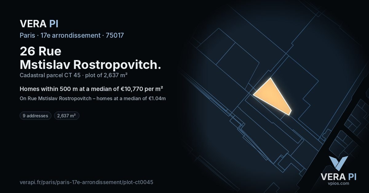 26 Rue Mstislav Rostropovitch, 17e arrondissement at night – the plot lit, the parcels around coloured by the prices near them