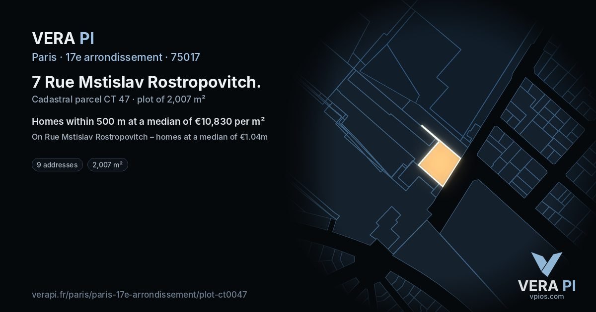 7 Rue Mstislav Rostropovitch, 17e arrondissement at night – the plot lit, the parcels around coloured by the prices near them