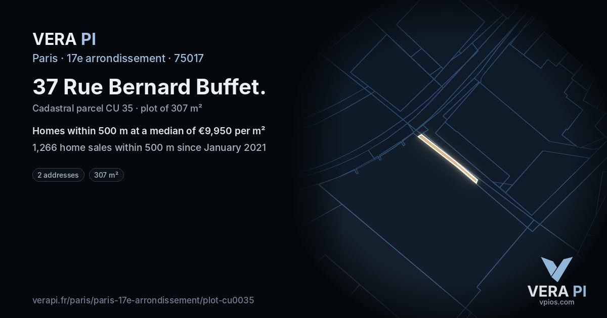 37 Rue Bernard Buffet, 17e arrondissement at night – the plot lit, the parcels around coloured by the prices near them