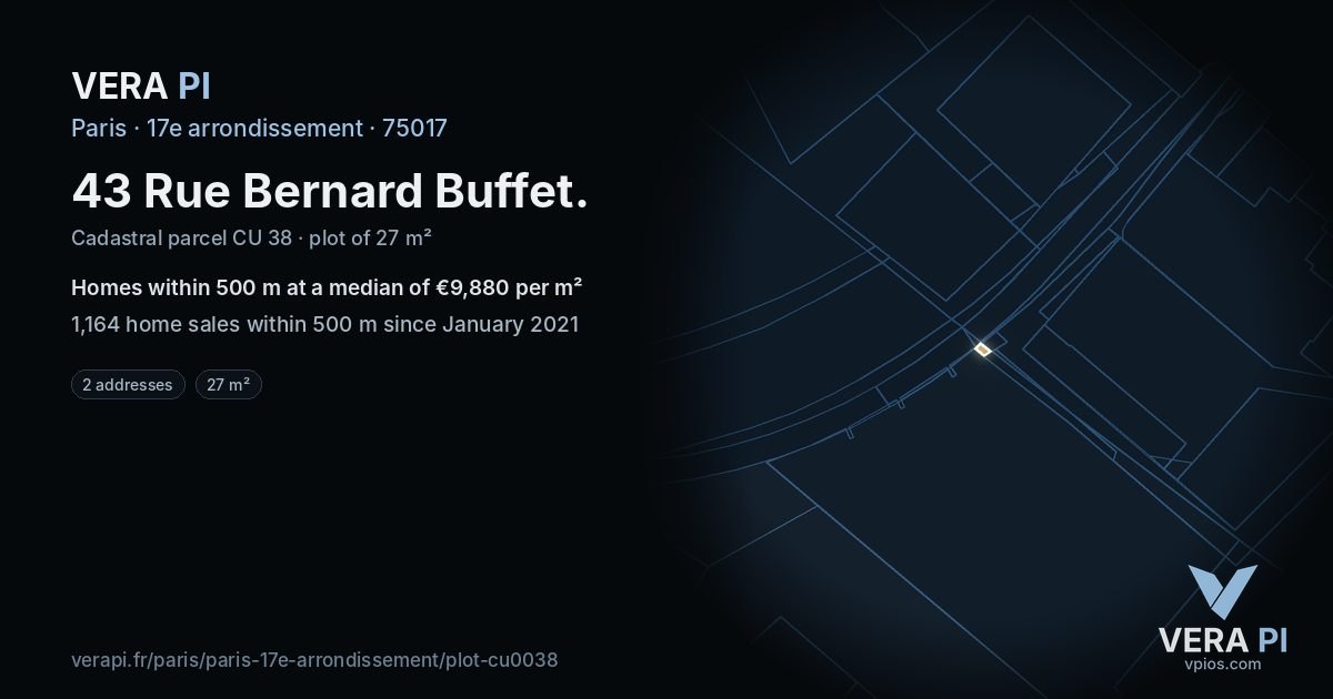 43 Rue Bernard Buffet, 17e arrondissement at night – the plot lit, the parcels around coloured by the prices near them