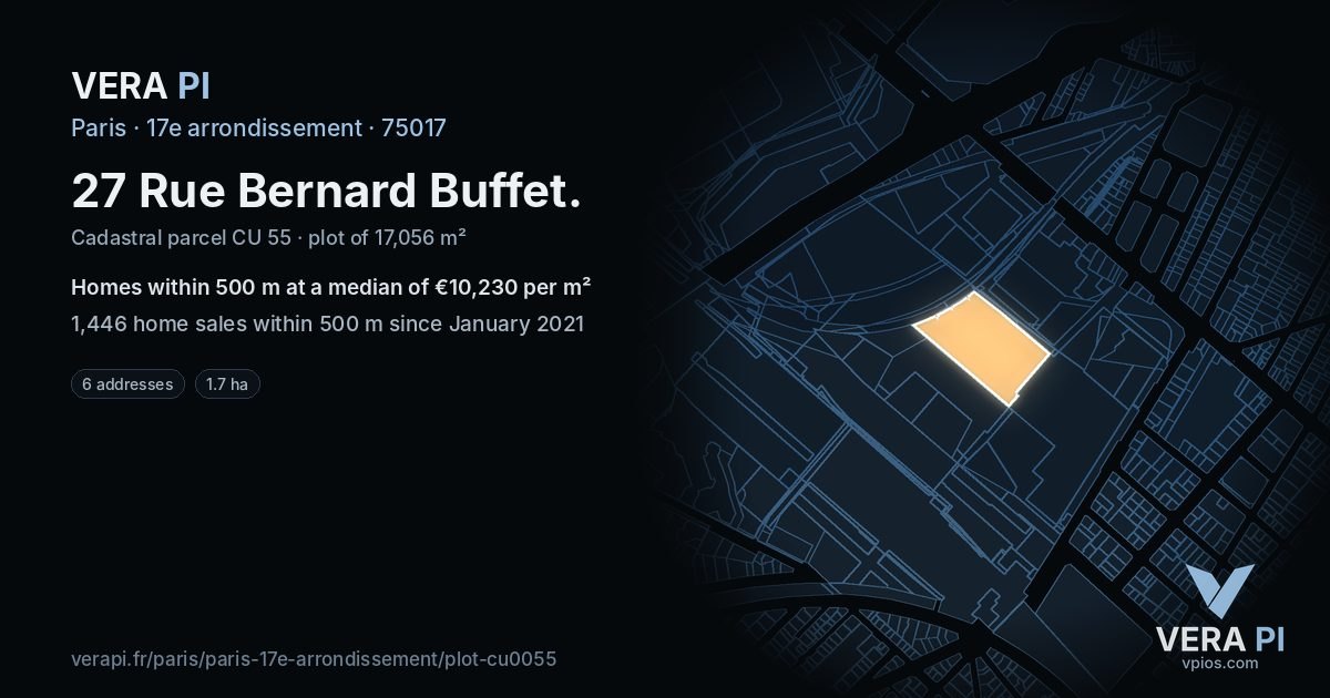 27 Rue Bernard Buffet, 17e arrondissement at night – the plot lit, the parcels around coloured by the prices near them