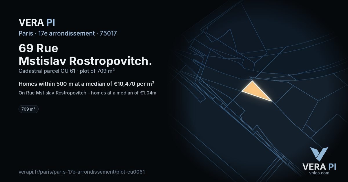 69 Rue Mstislav Rostropovitch, 17e arrondissement at night – the plot lit, the parcels around coloured by the prices near them