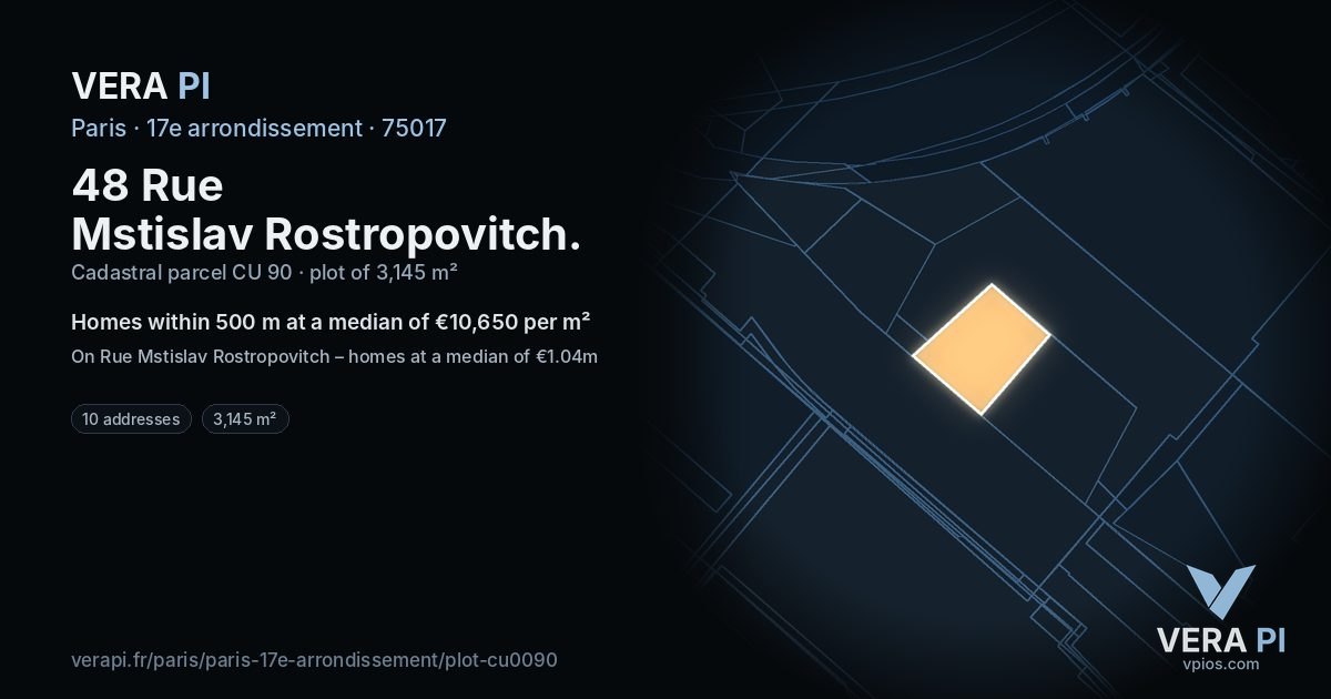 48 Rue Mstislav Rostropovitch, 17e arrondissement at night – the plot lit, the parcels around coloured by the prices near them