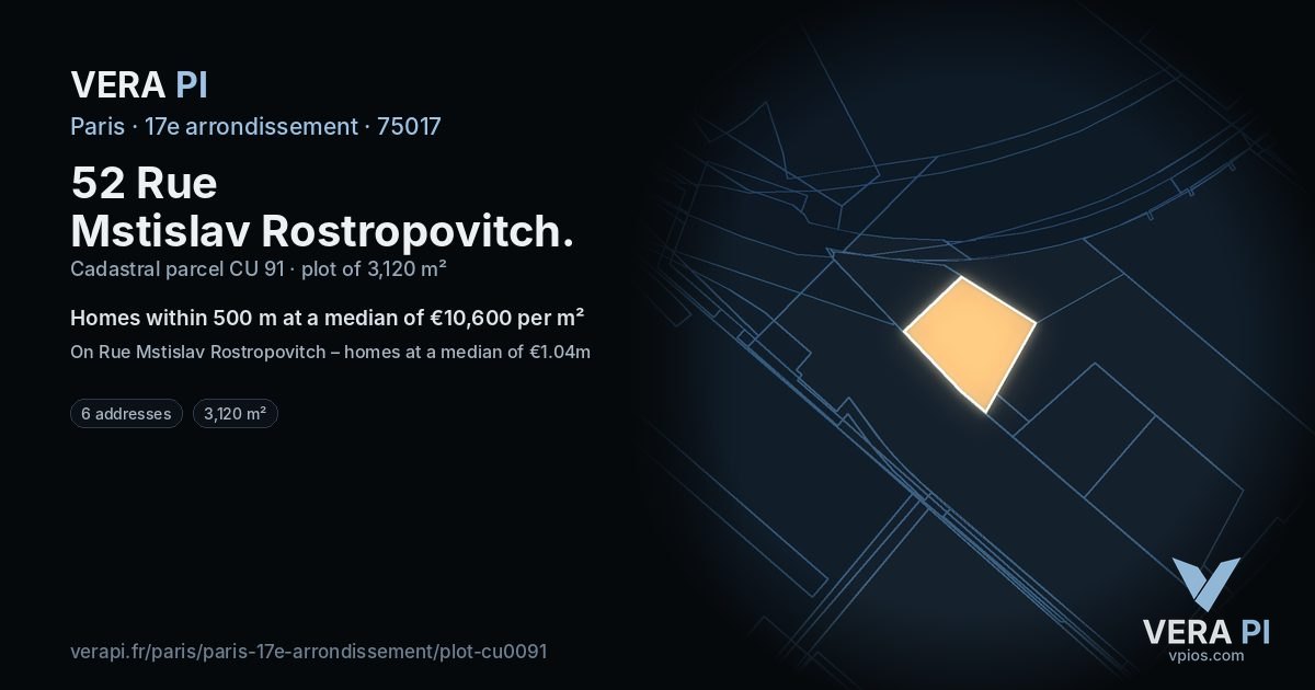 52 Rue Mstislav Rostropovitch, 17e arrondissement at night – the plot lit, the parcels around coloured by the prices near them