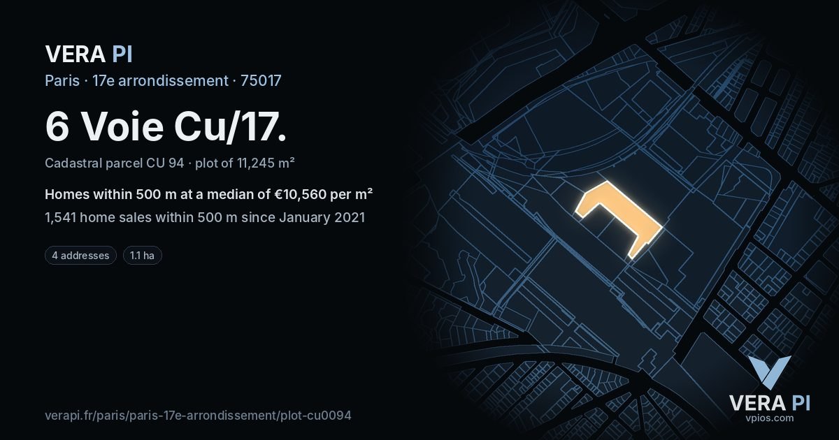 6 Voie Cu/17, 17e arrondissement at night – the plot lit, the parcels around coloured by the prices near them