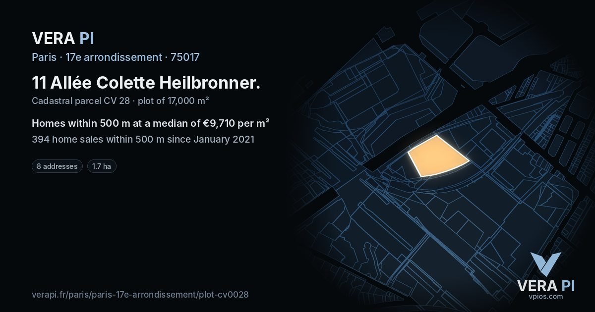 11 Allée Colette Heilbronner, 17e arrondissement at night – the plot lit, the parcels around coloured by the prices near them