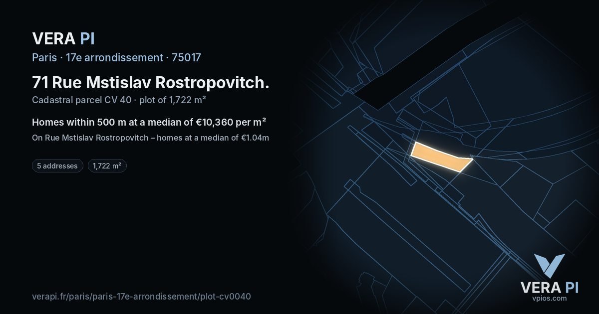 71 Rue Mstislav Rostropovitch, 17e arrondissement at night – the plot lit, the parcels around coloured by the prices near them