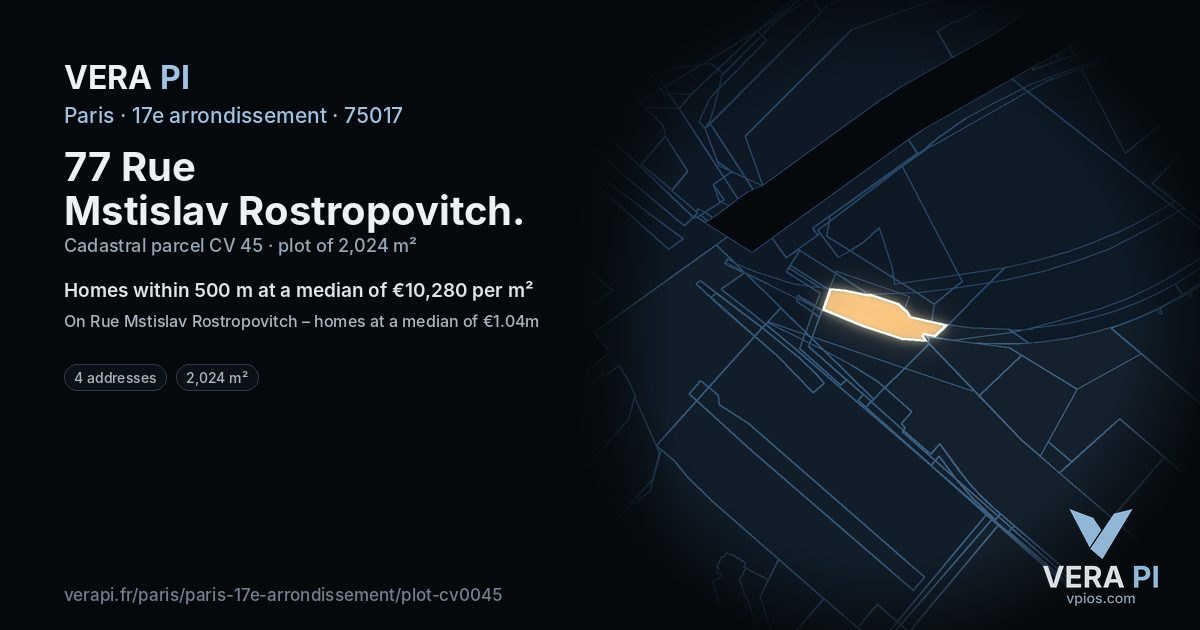 77 Rue Mstislav Rostropovitch, 17e arrondissement at night – the plot lit, the parcels around coloured by the prices near them
