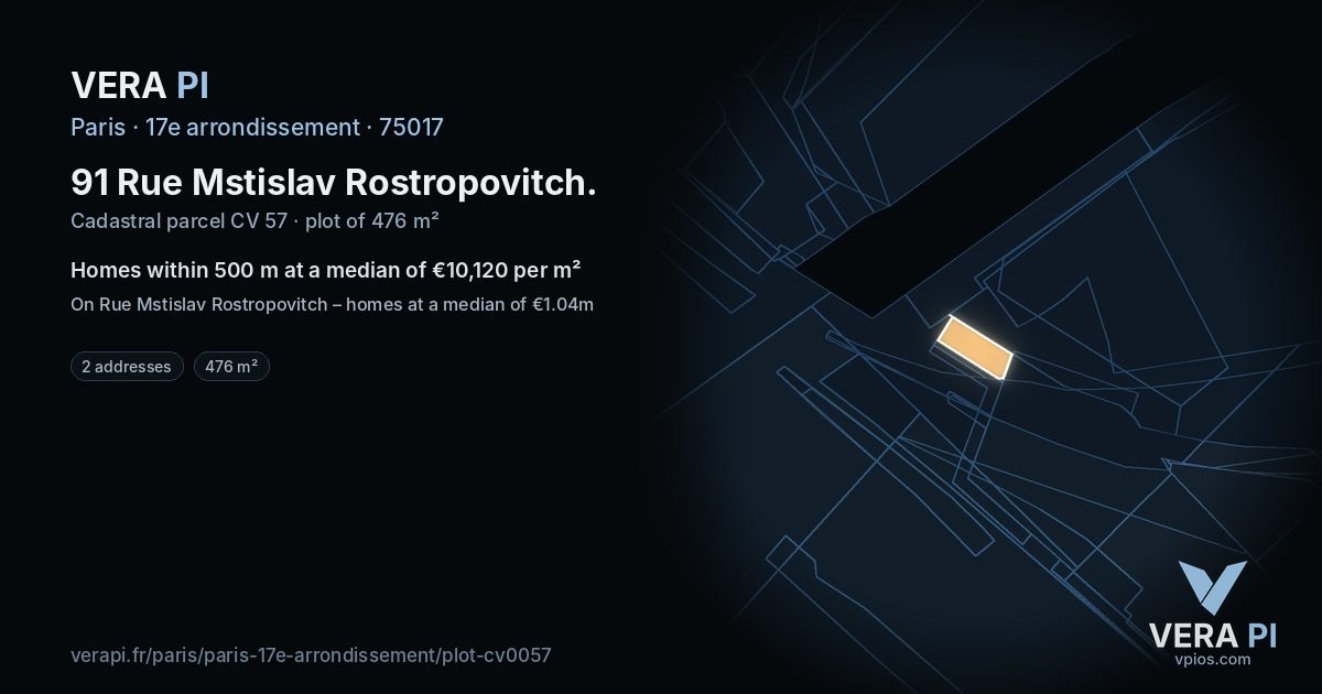 91 Rue Mstislav Rostropovitch, 17e arrondissement at night – the plot lit, the parcels around coloured by the prices near them