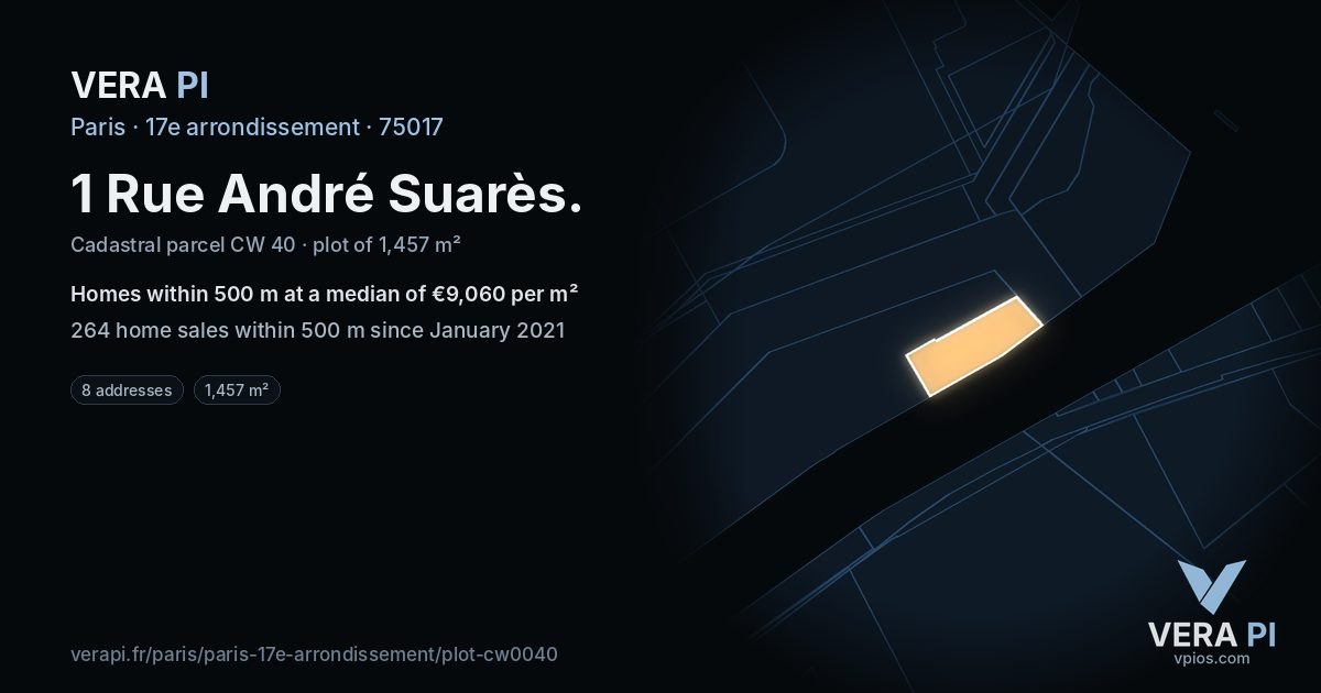 1 Rue André Suarès, 17e arrondissement at night – the plot lit, the parcels around coloured by the prices near them