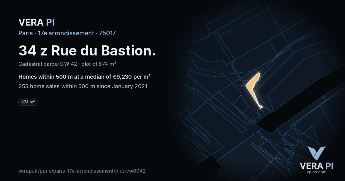 34 z Rue du Bastion, 17e arrondissement at night – the plot lit, the parcels around coloured by the prices near them